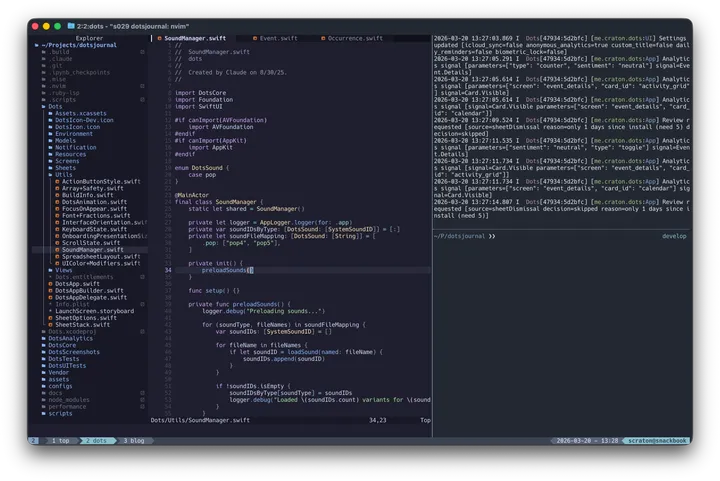 Neovim inside tmux for building native iOS apps