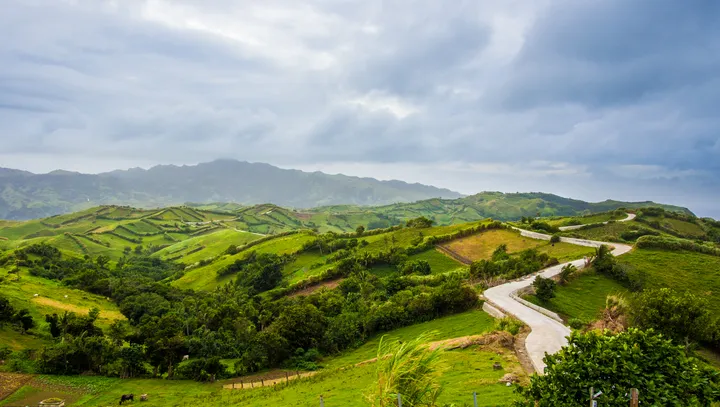 Rolling green hills of Batanes with a winding road
